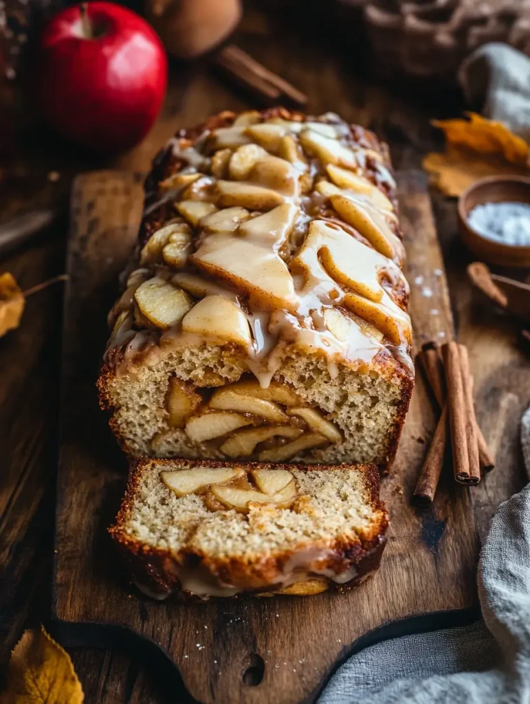 Sliced sourdough apple fritter bread topped with apple slices and glaze on a wooden board.