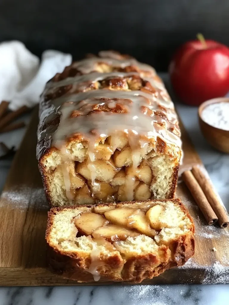 Sourdough apple fritter bread topped with glaze, sliced to reveal spiced apple filling.