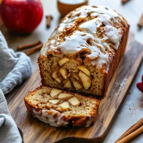 Sliced sourdough apple fritter bread topped with vanilla glaze on a wooden serving board.