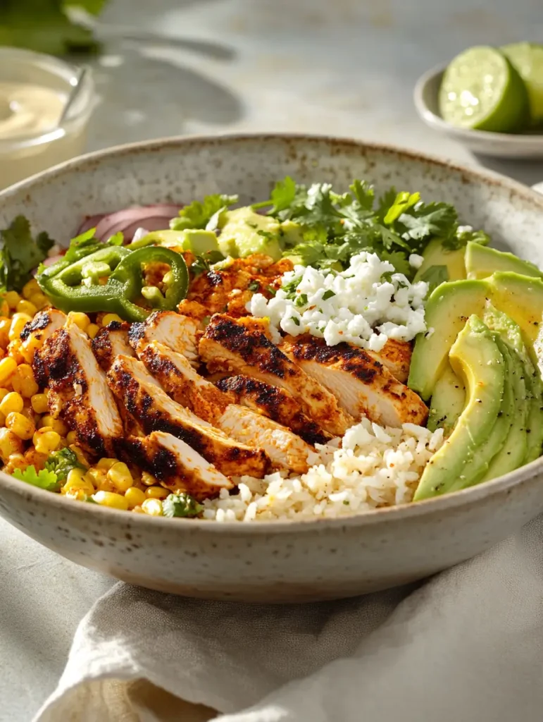 Grilled chicken street corn rice bowl with avocado, jalapeño, cotija cheese, and cilantro.