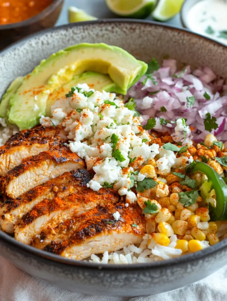 Street corn chicken rice bowl with grilled chicken, avocado, cotija cheese, red onion, and corn.