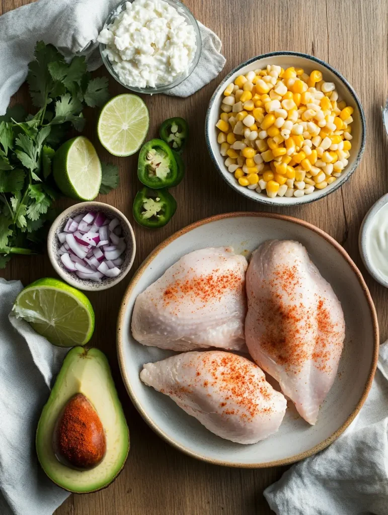 Flat lay of ingredients for street corn chicken rice bowl, including raw chicken, corn, avocado, red onion, jalapeño, lime, cilantro, and cottage cheese.