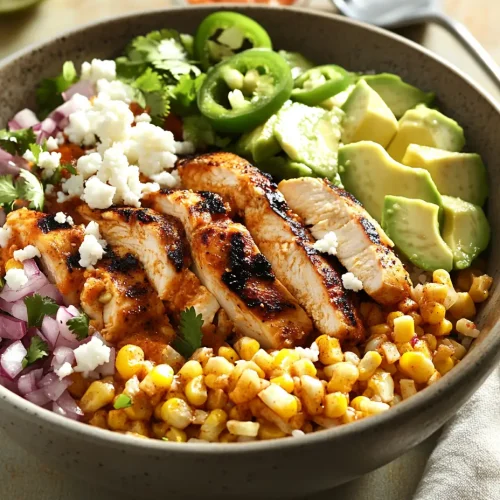 Street corn chicken rice bowl with grilled chicken, corn, avocado, red onion, jalapeño, and cotija cheese.