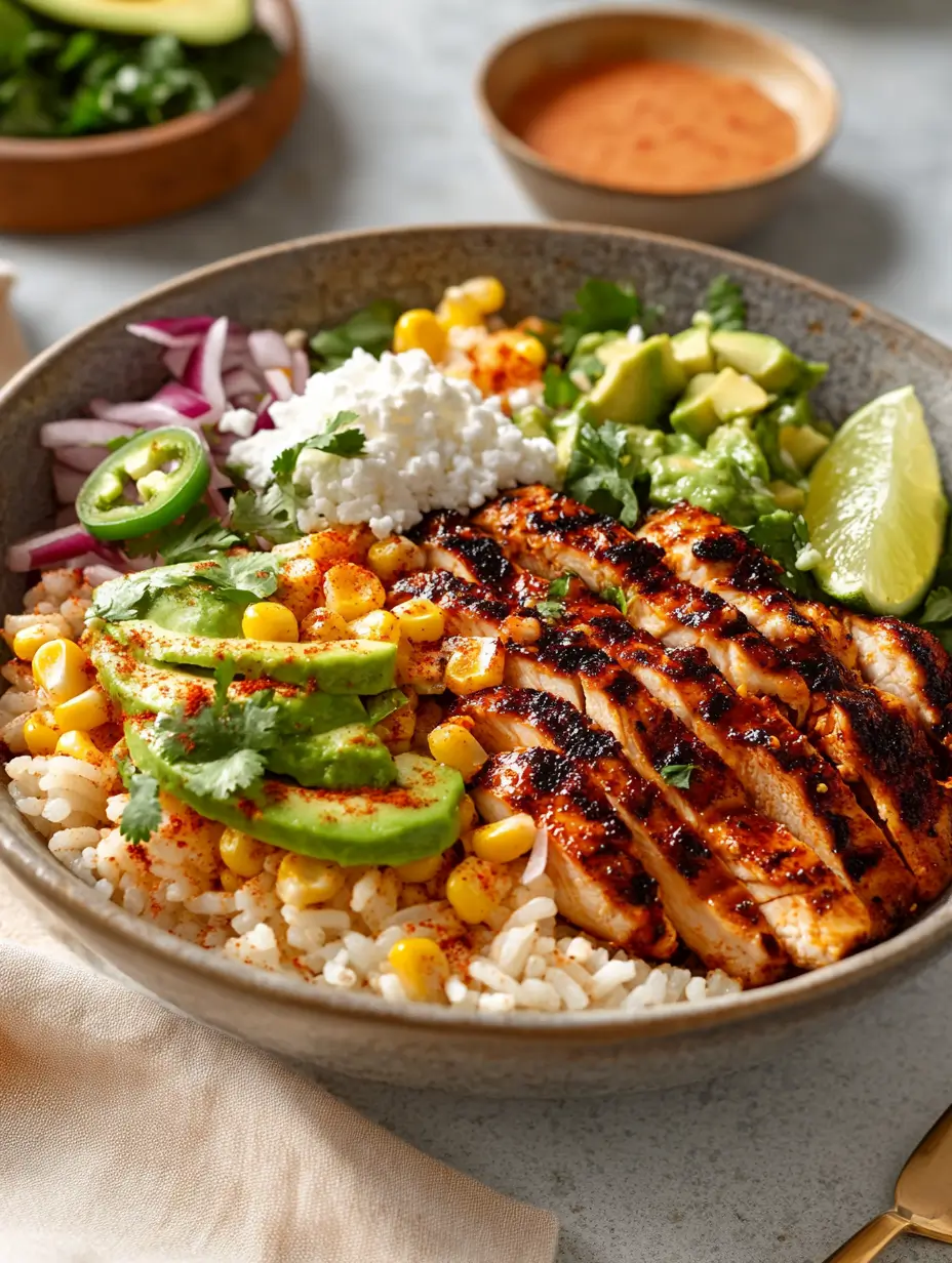 Grilled chicken rice bowl topped with avocado, corn, red onion, jalapeño, and crumbled cheese.