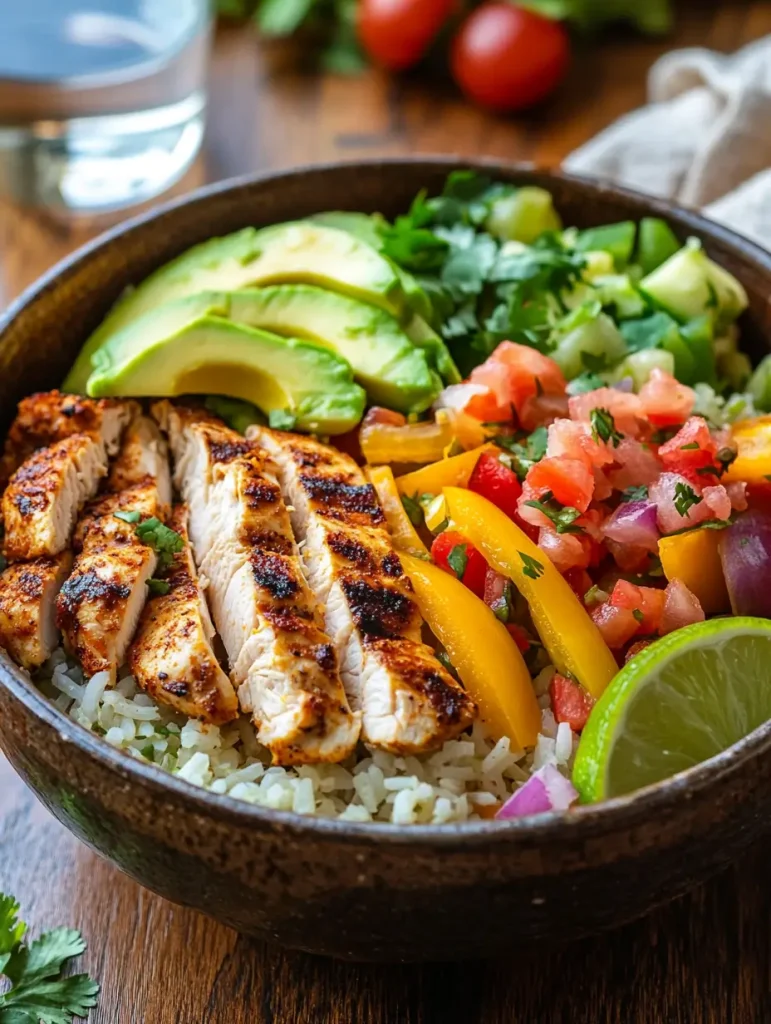 A colorful chicken fajita rice bowl with grilled chicken, avocado slices, cilantro rice, yellow bell peppers, pico de gallo, cucumbers, cilantro, and lime.