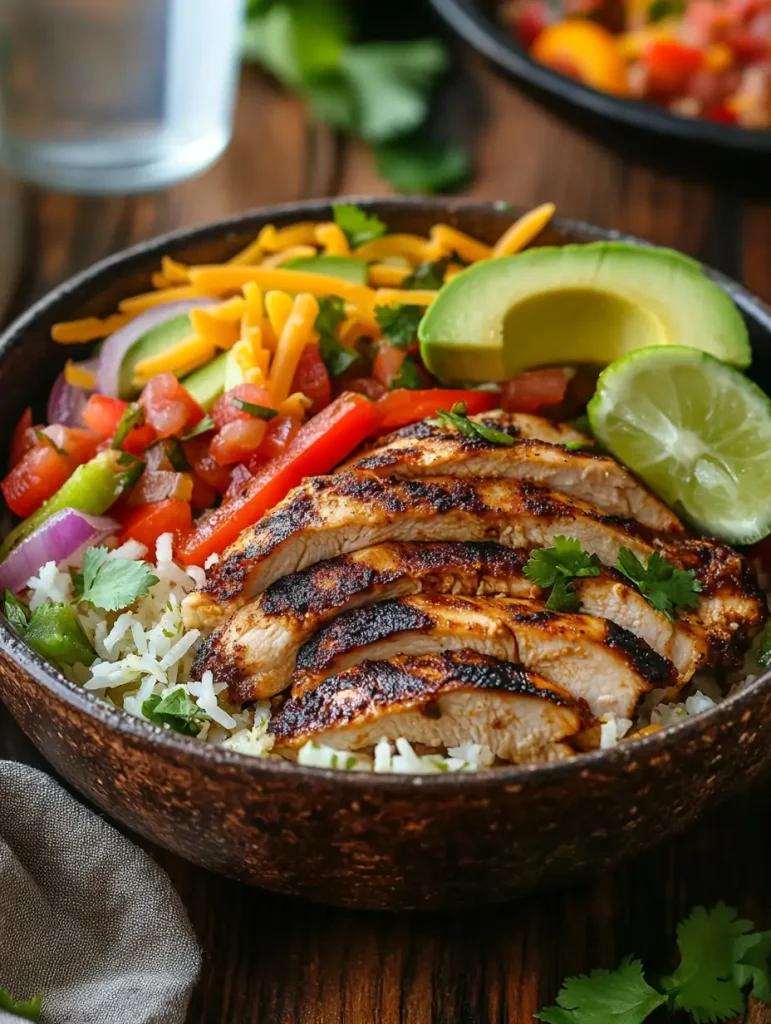 Grilled chicken fajita rice bowl with sliced avocado, shredded cheddar cheese, red onions, pico de gallo, and a lime wedge.