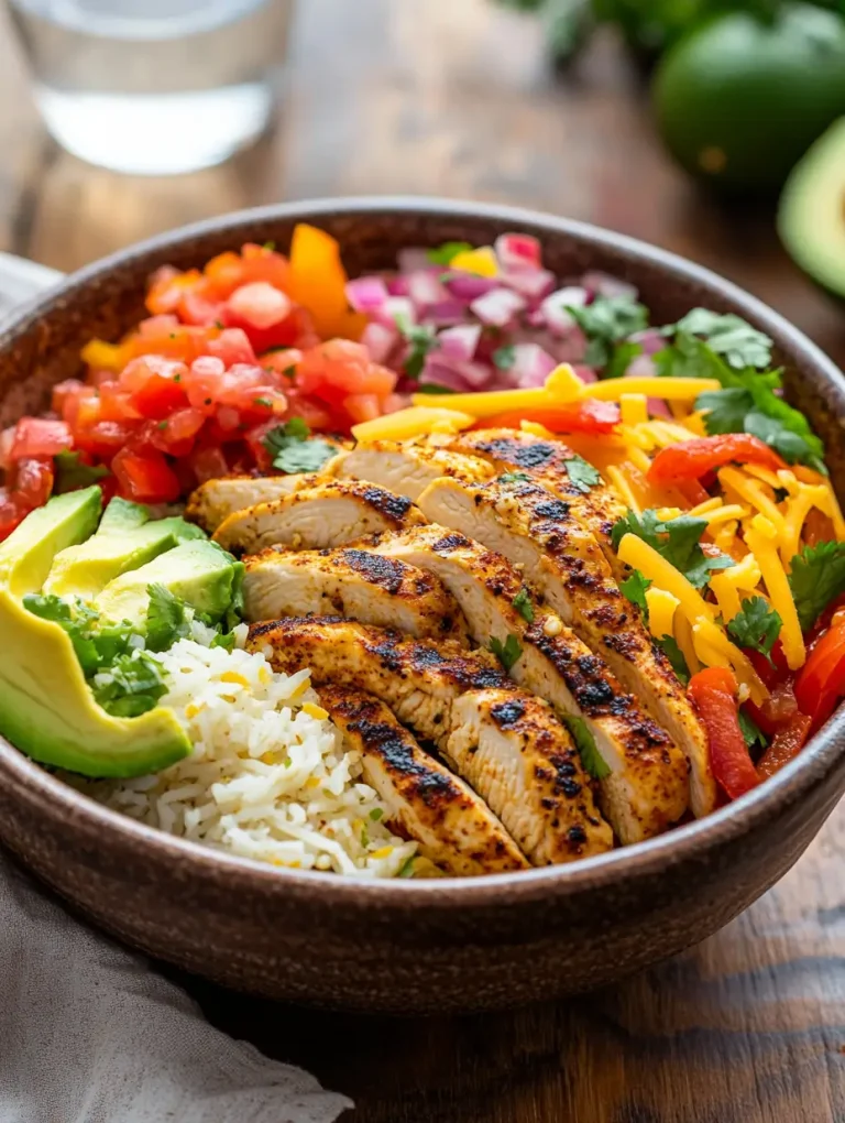 A vibrant chicken fajita rice bowl with sliced grilled chicken, avocado, cilantro rice, bell peppers, red onion, pico de gallo, and shredded cheese.