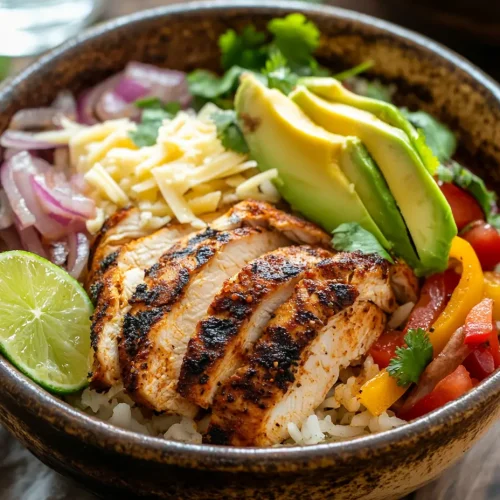 Chicken fajita rice bowl with grilled chicken, sliced avocado, shredded cheese, sautéed bell peppers, and red onions over white rice, garnished with a lime wedge.
