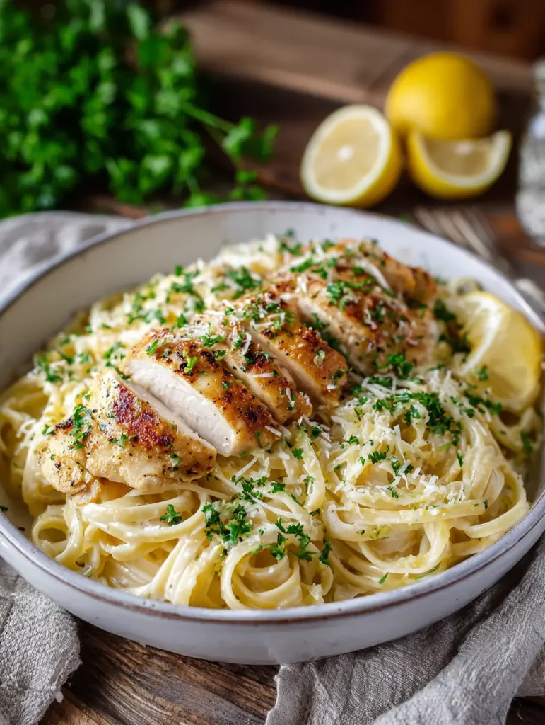 Lemon garlic butter chicken served over creamy parmesan linguine in a white ceramic bowl, garnished with chopped parsley and grated parmesan.