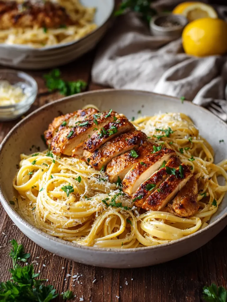 Bowl of linguine tossed in a creamy lemon garlic butter sauce and topped with grilled chicken breast slices, garnished with parsley and parmesan.