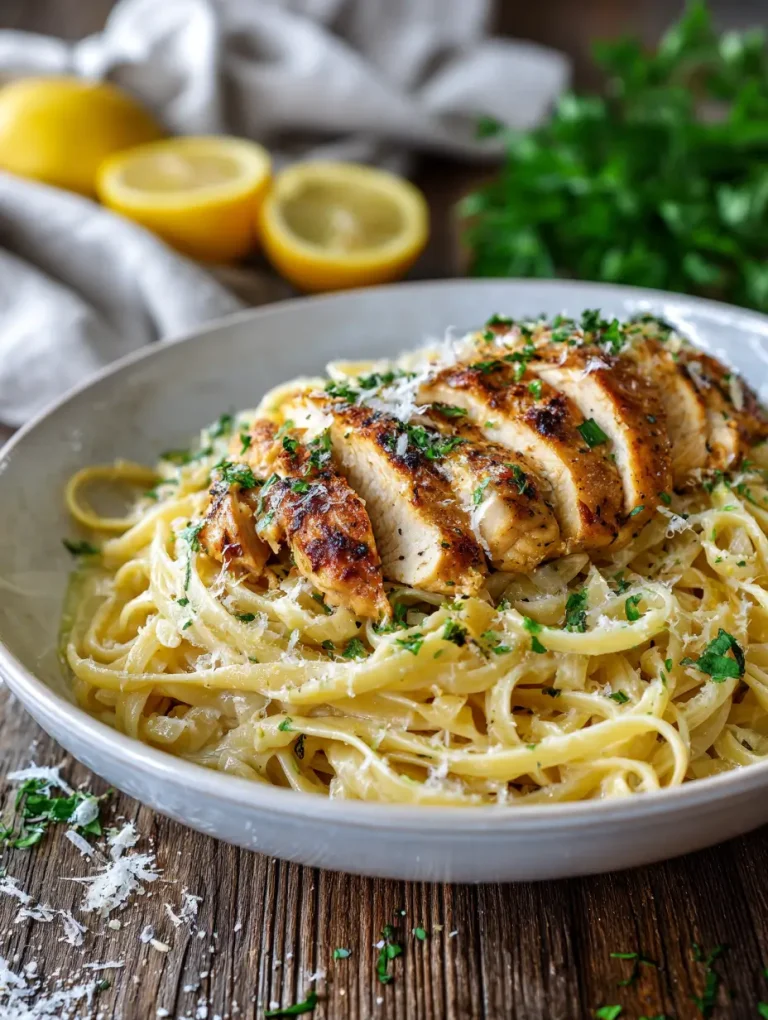 Creamy lemon garlic butter linguine topped with grilled sliced chicken and fresh parsley in a white bowl.