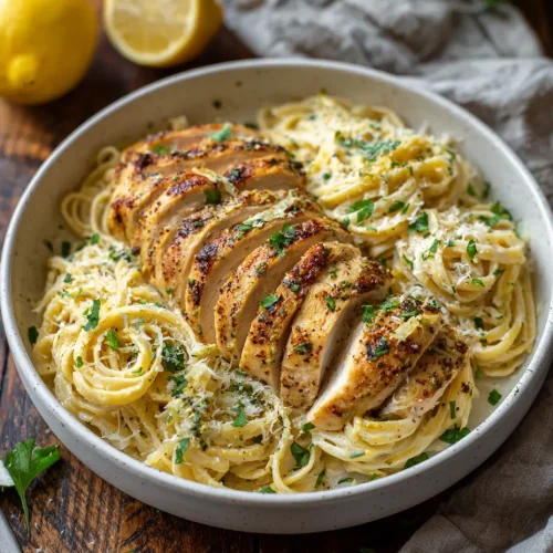 Creamy linguine pasta topped with sliced lemon garlic butter chicken breast, garnished with parsley and grated parmesan in a ceramic bowl.