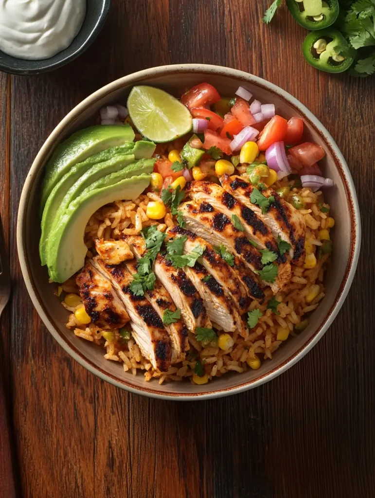 Grilled chicken and Mexican rice bowl topped with avocado, corn, tomato salsa, red onions, lime, and fresh cilantro.