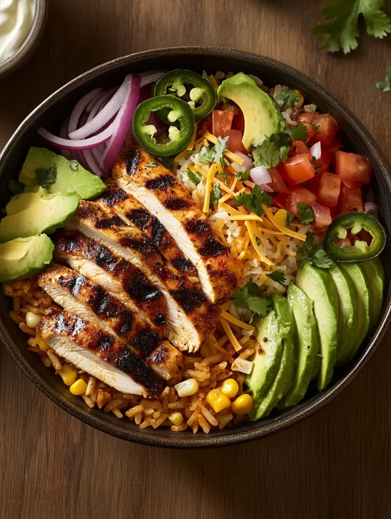 Grilled Mexican chicken rice bowl with avocado, corn, shredded cheese, jalapeños, and fresh toppings.