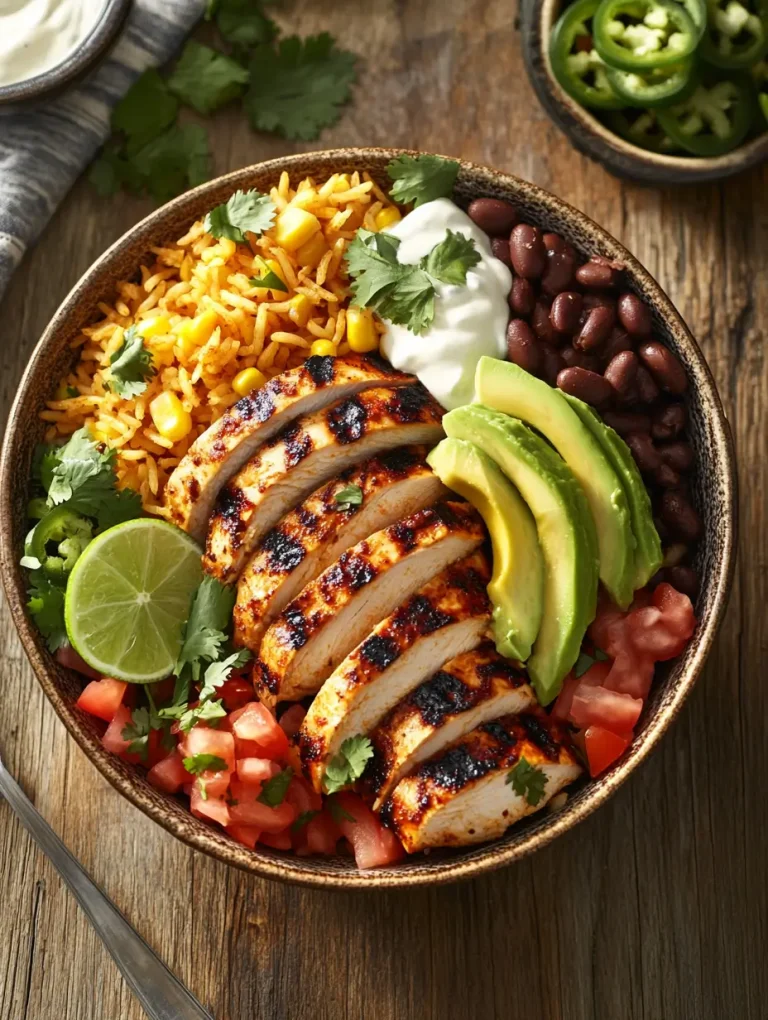 Grilled Mexican chicken and rice bowl topped with black beans, corn, avocado, tomato, sour cream, and lime slices.