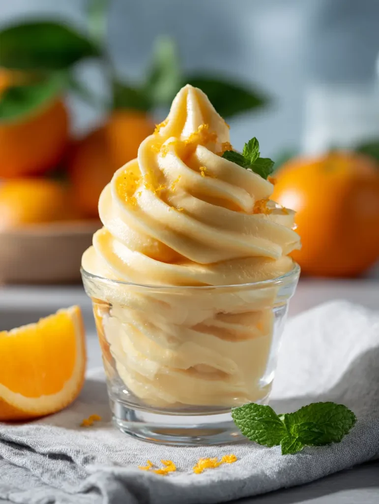 Glass cup filled with orange Dole Whip, garnished with orange zest and mint, with fresh oranges in the background.