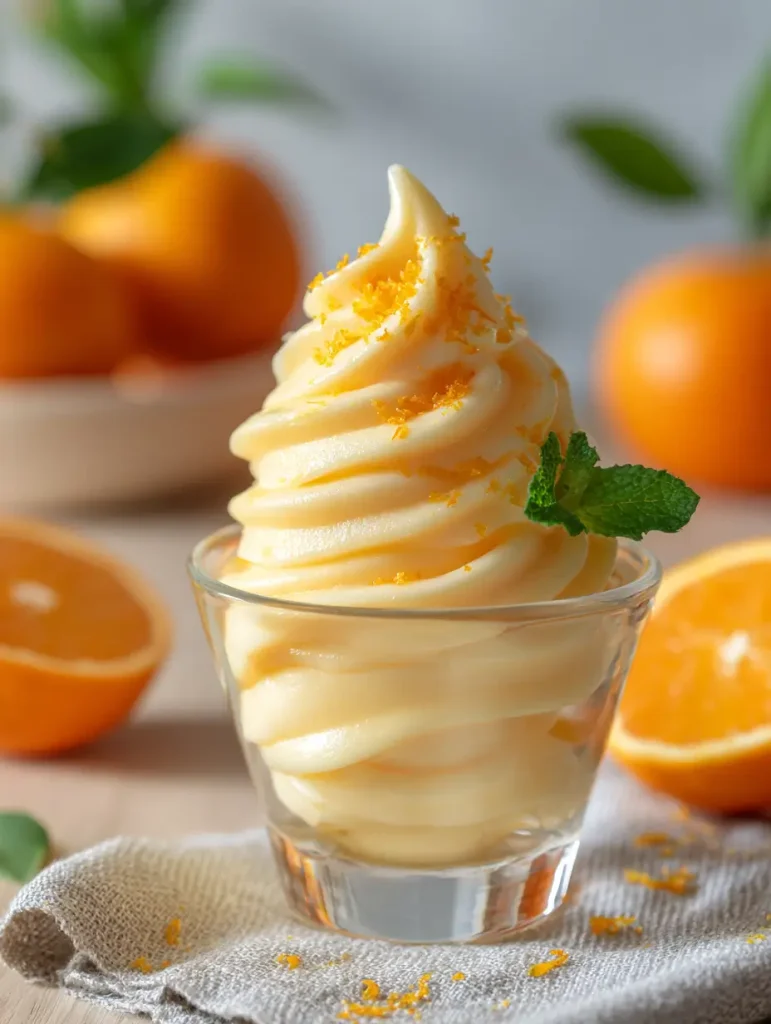 Glass cup filled with orange Dole Whip topped with orange zest and a mint leaf, surrounded by fresh oranges and citrus halves.