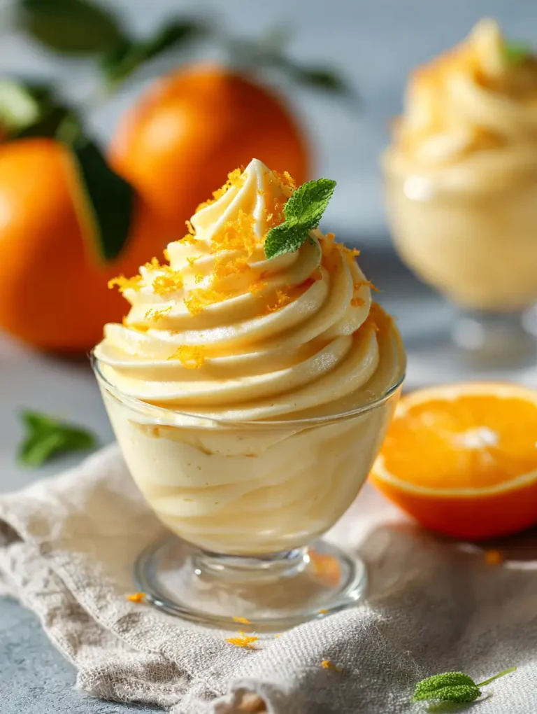 A swirl of creamy orange Dole Whip topped with fresh zest and a mint leaf in a glass dessert cup.