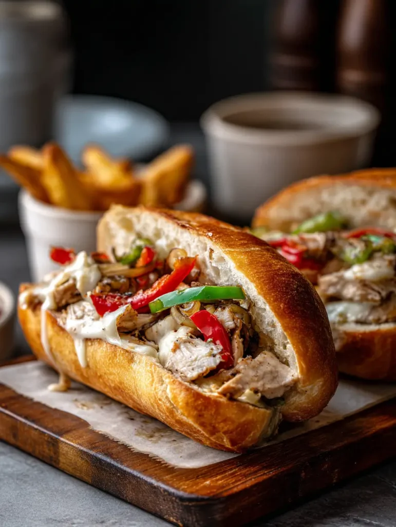 Chicken Philly cheesesteak sandwich with melted provolone, sautéed onions, and peppers on a toasted hoagie roll.