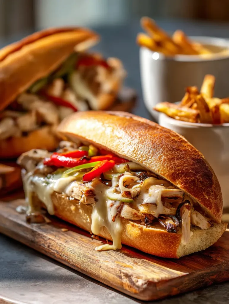 Chicken Philly cheesesteak sandwich with melted provolone cheese, sautéed onions, and bell peppers on a toasted hoagie roll.