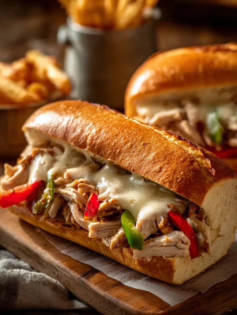 Close-up of a chicken Philly cheesesteak sandwich with melted cheese, sautéed peppers, and onions served on a toasted hoagie roll.