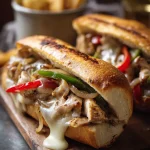 Close-up of a chicken Philly cheesesteak sandwich with melted cheese, sautéed peppers, and onions served in a toasted hoagie roll.