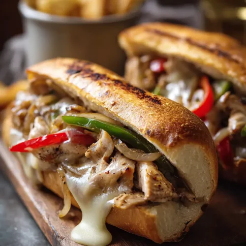 Close-up of a chicken Philly cheesesteak sandwich with melted cheese, sautéed peppers, and onions served in a toasted hoagie roll.