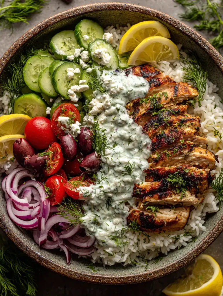 Greek chicken tzatziki rice bowl with cucumbers, cherry tomatoes, olives, feta, red onion, and lemon wedges served with grilled chicken and tzatziki sauce.