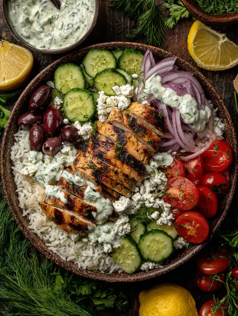 Grilled chicken tzatziki rice bowl topped with fresh cucumber, cherry tomatoes, red onion, Kalamata olives, feta cheese, and creamy tzatziki sauce.