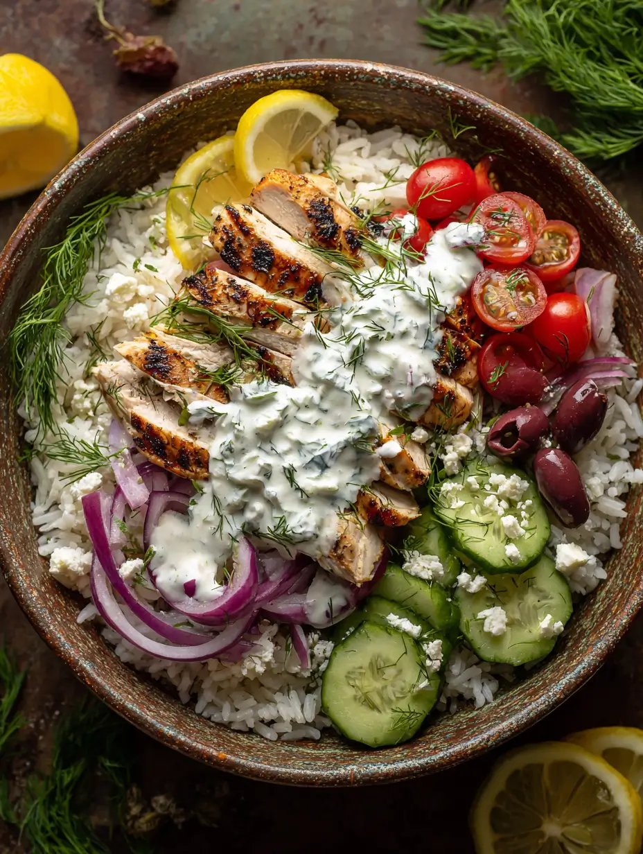 Bowl of chicken tzatziki rice topped with grilled chicken, cucumbers, tomatoes, red onions, olives, feta cheese, and fresh dill with tzatziki sauce.