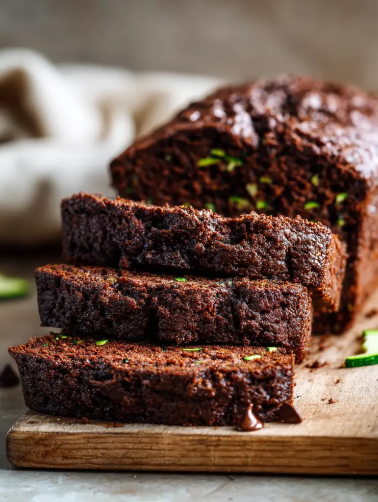 Close-up of moist chocolate zucchini bread with chocolate chips and zucchini flecks on a wooden cutting board.