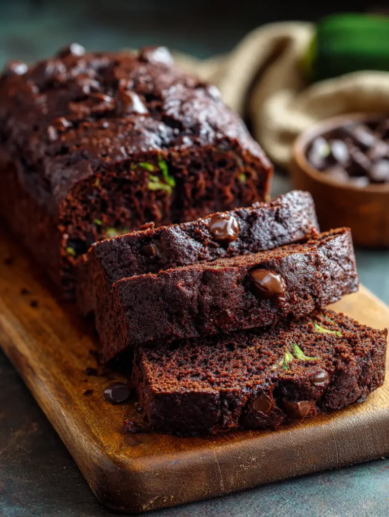 Sliced chocolate zucchini bread with chocolate chips on a wooden cutting board.