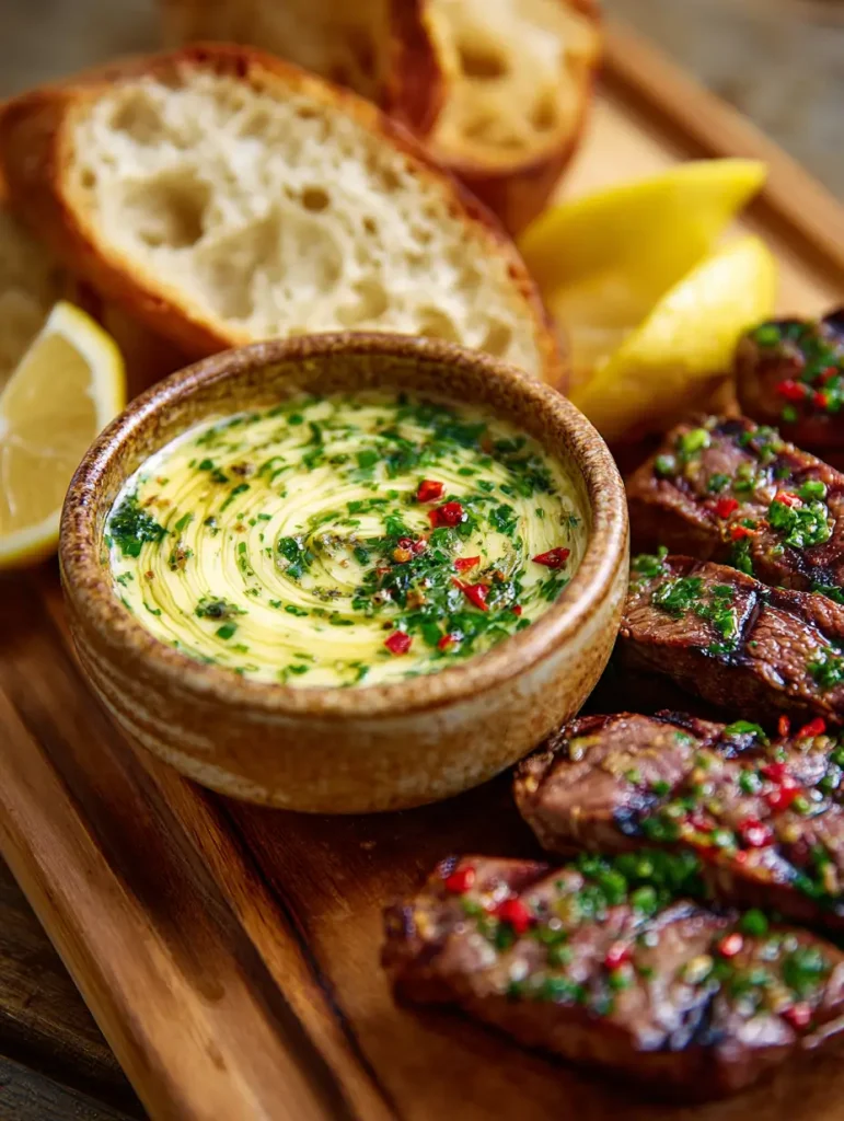 Rustic wooden bowl filled with creamy cowboy butter garnished with fresh parsley and red chili flakes, served with slices of crusty bread, grilled steak strips, and lemon wedges on a wooden board.