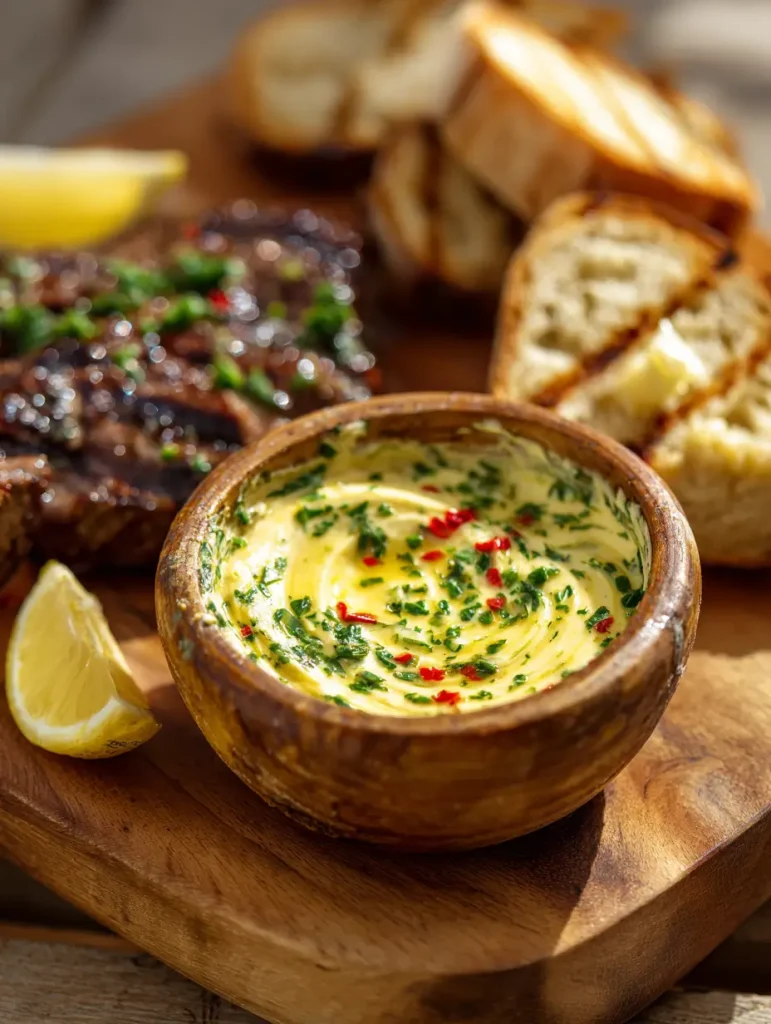 Wooden bowl filled with cowboy butter topped with fresh herbs and red chili flakes, served with lemon wedges, grilled steak slices, and toasted bread on a wooden board.