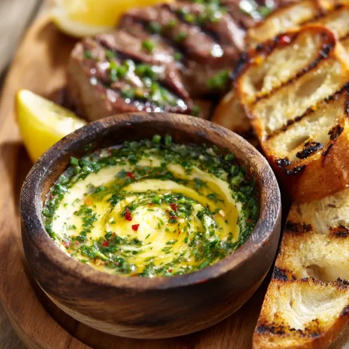 A rustic wooden bowl filled with creamy cowboy butter swirled with fresh herbs, garlic, and red chili flakes, served alongside grilled bread slices, lemon wedges, and juicy grilled steak.