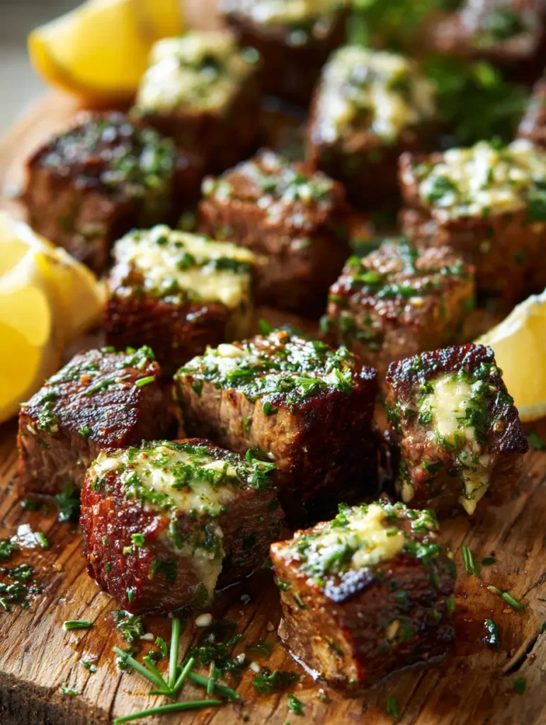Seared cowboy butter steak bites topped with melted garlic herb butter and fresh herbs, served with lemon wedges.