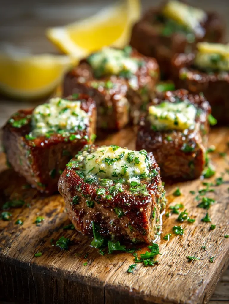 Juicy cowboy butter steak bite topped with melted garlic herb butter, garnished with fresh parsley, served on a rustic wooden board with lemon wedges in the background.