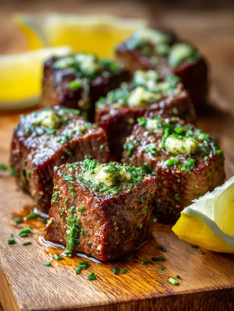Juicy cowboy butter steak bites topped with garlic herb butter and fresh chives, served with lemon wedges.