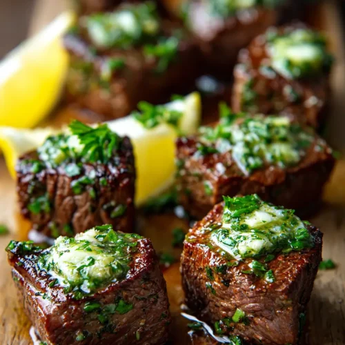 Close-up of tender cowboy butter steak bites topped with melted garlic herb butter and garnished with fresh parsley, served on a rustic wooden board with lemon wedges.