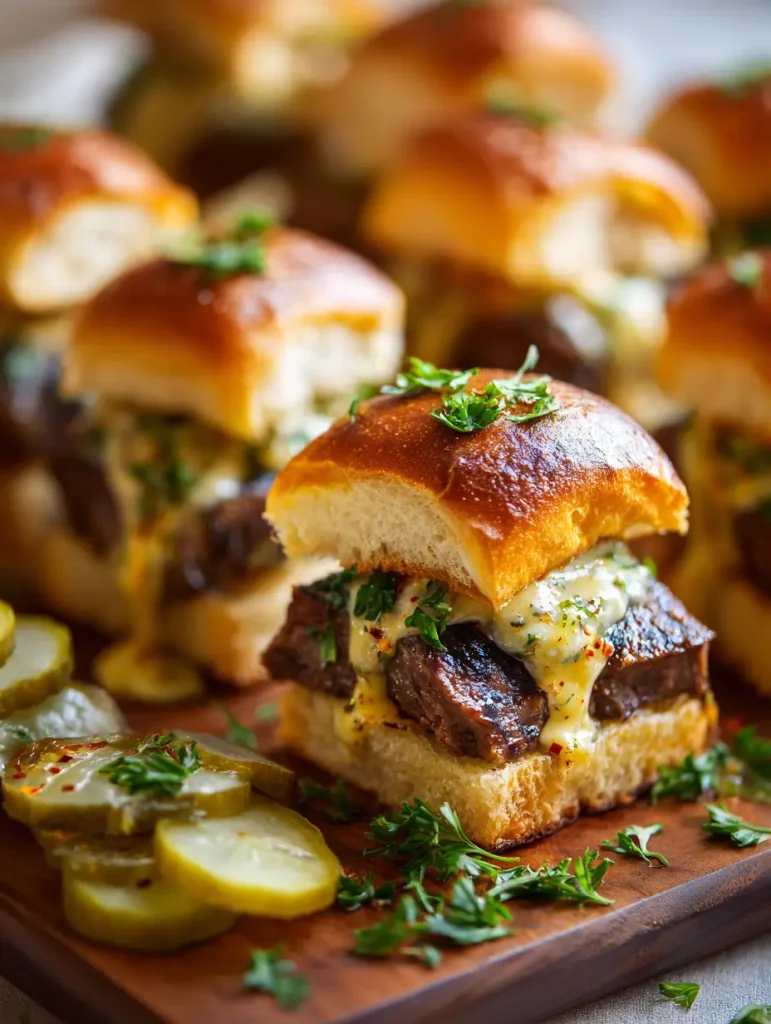 Close-up of juicy cowboy butter steak sliders on soft golden buns, topped with melted garlic butter and fresh herbs, served with sliced pickles.