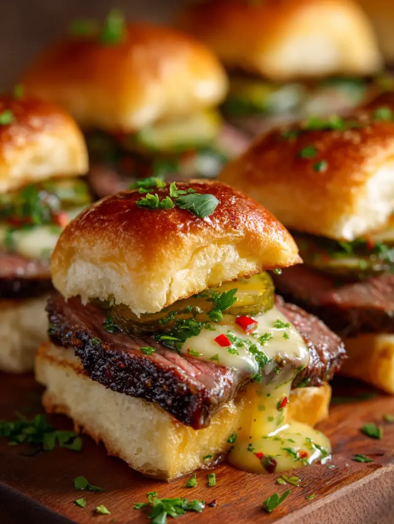 Close-up of juicy Cowboy Butter Steak Slider with tender steak, melted butter sauce, pickles, and fresh herbs on a soft golden bun.