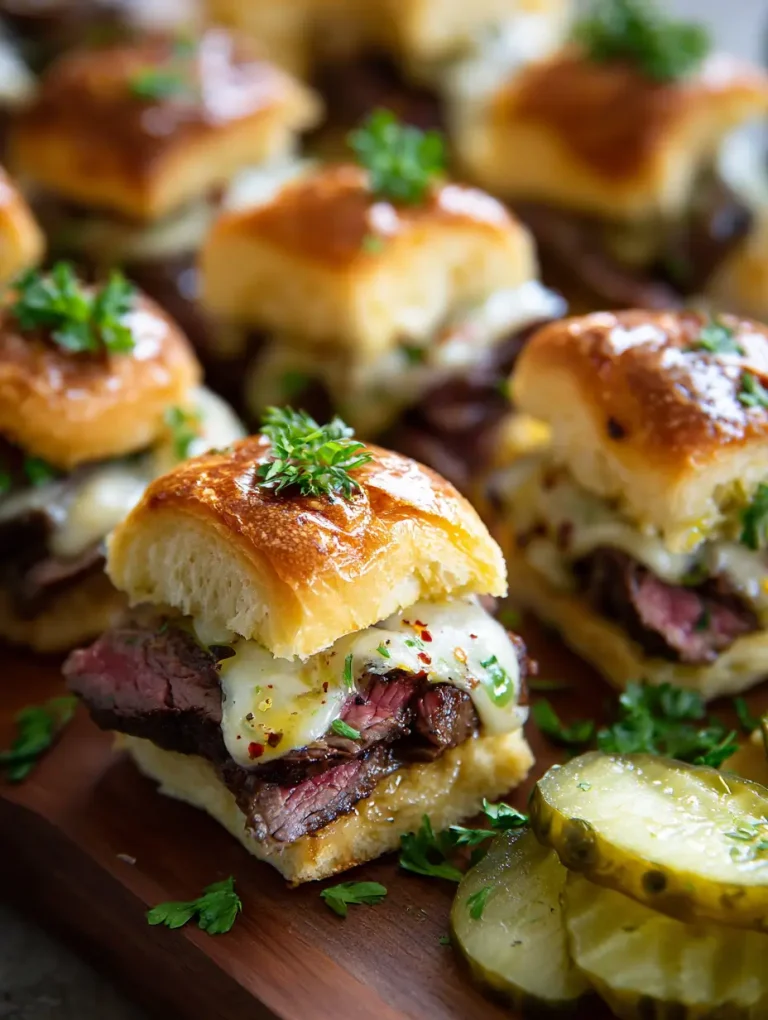 Close-up of juicy cowboy butter steak sliders topped with melted cheese, fresh herbs, and served on toasted slider buns with pickles on the side.