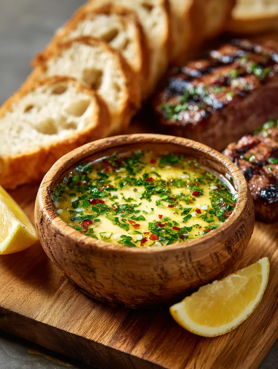 Wooden bowl filled with cowboy butter, garnished with chopped parsley and red chili flakes, placed on a rustic wooden board with lemon wedges, sliced baguette, and grilled steak in the background.