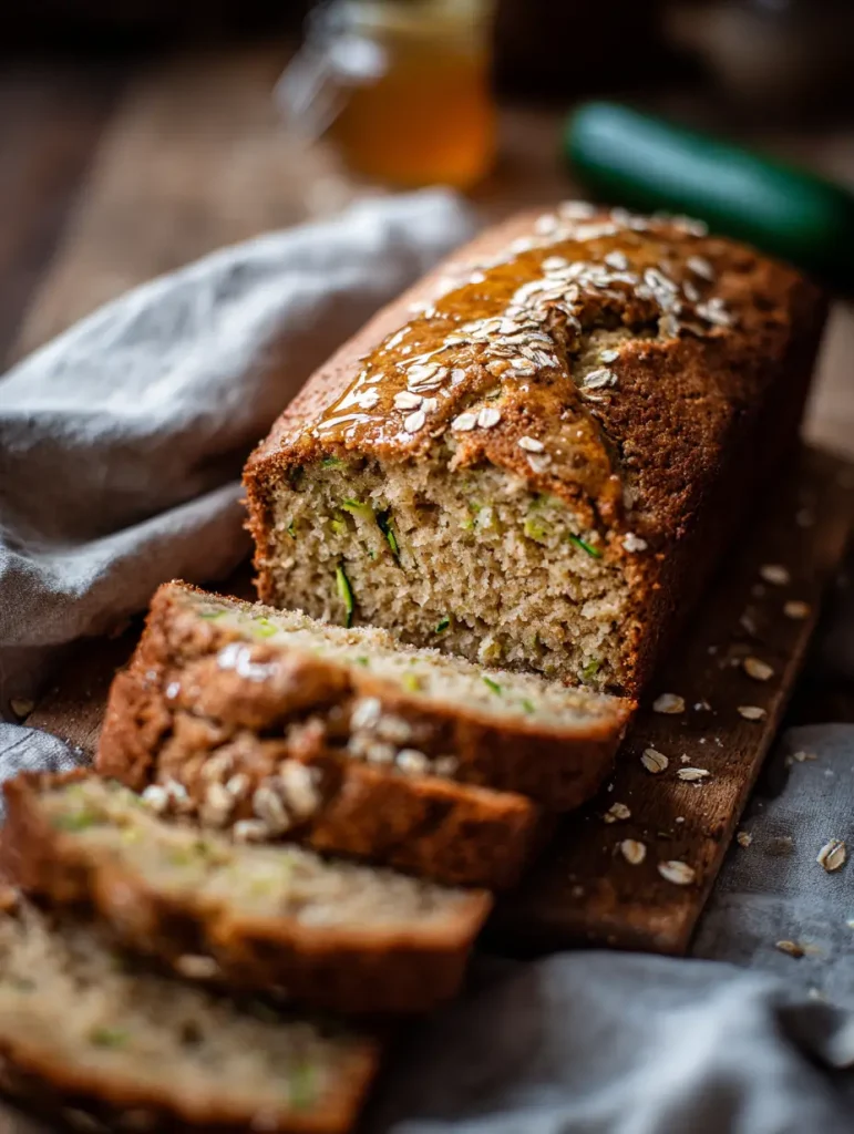 Gluten-free zucchini bread topped with oats and honey, sliced on a wooden board.