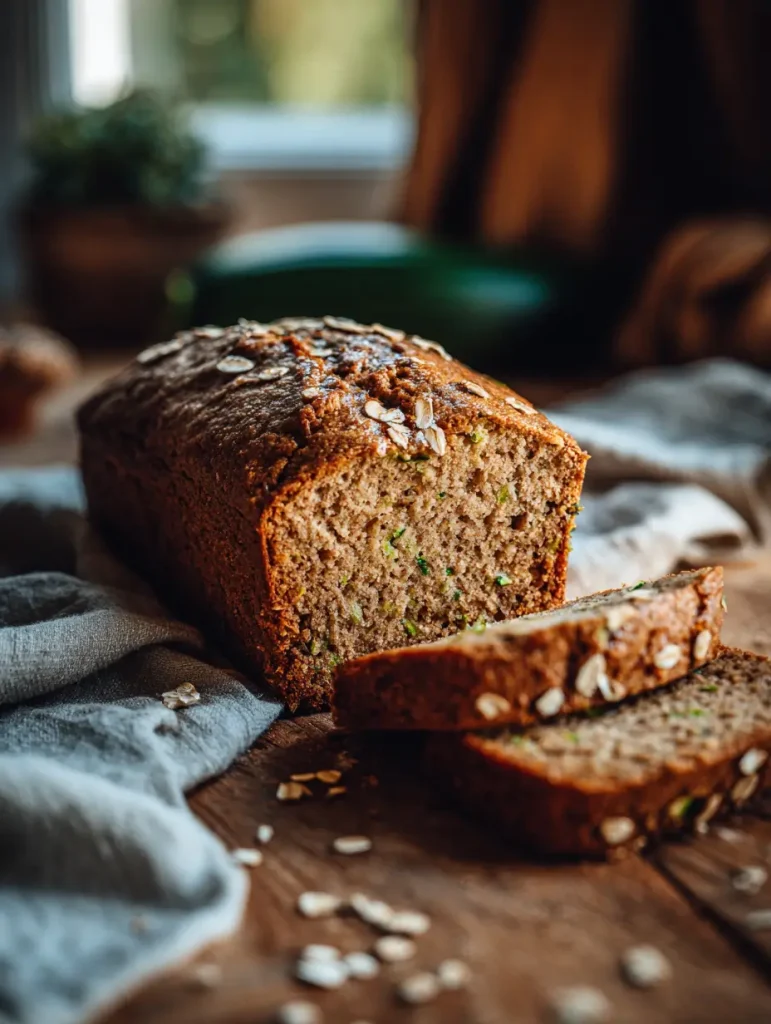 Freshly baked gluten-free zucchini bread loaf with oat topping, sliced and served on a wooden surface.