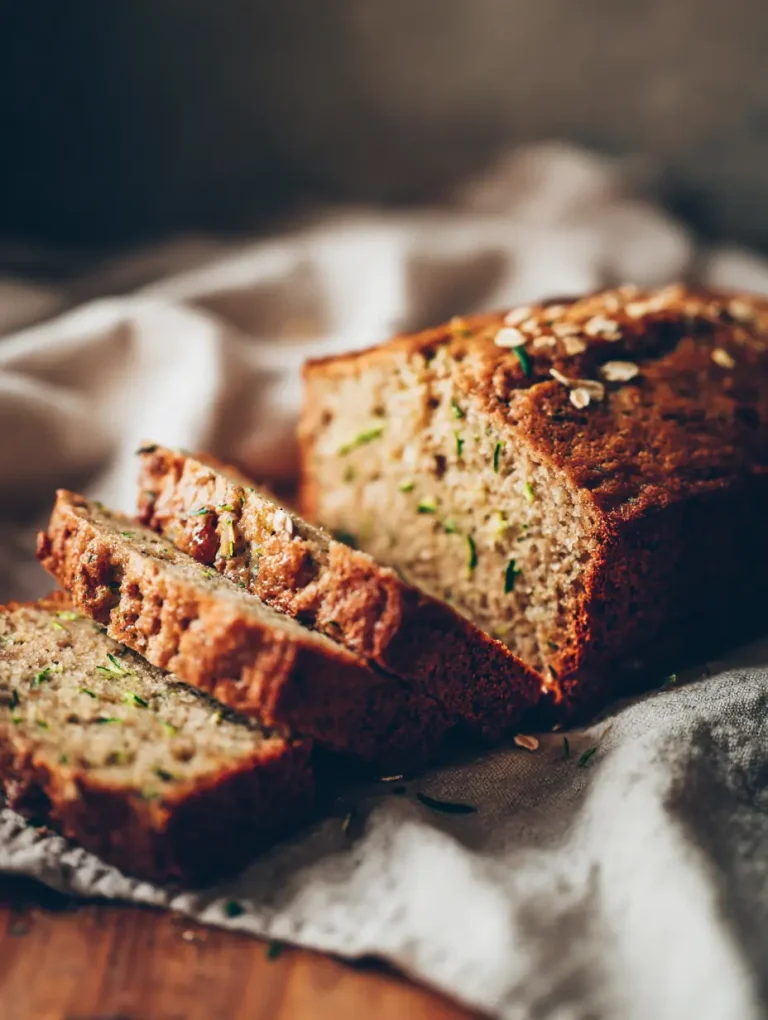Freshly baked gluten-free zucchini bread, sliced and topped with oats on a rustic wooden board.