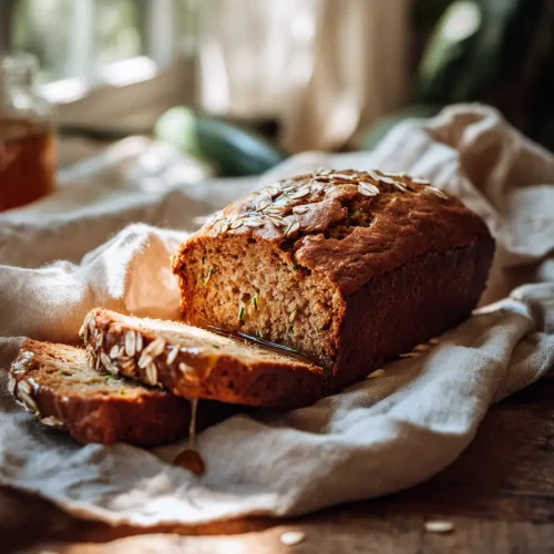 Freshly baked gluten-free zucchini bread loaf with slices cut, topped with oats and drizzled honey, on a rustic wooden table.
