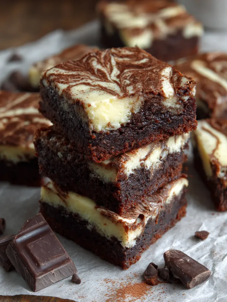 Stack of sourdough cream cheese brownies with a marbled cream cheese swirl on top, surrounded by chunks of dark chocolate on parchment paper.