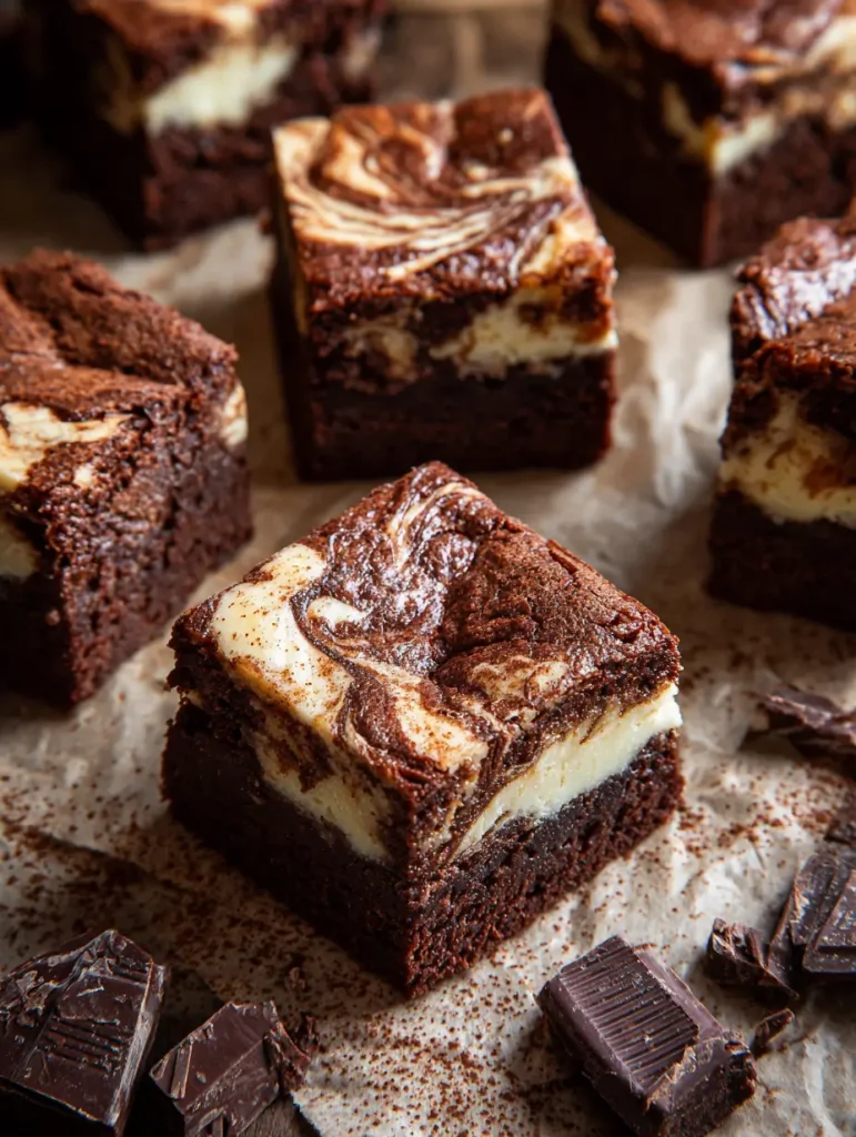 Close-up of a square sourdough cream cheese brownie with a marbled top, surrounded by other brownies and chunks of dark chocolate on parchment paper.