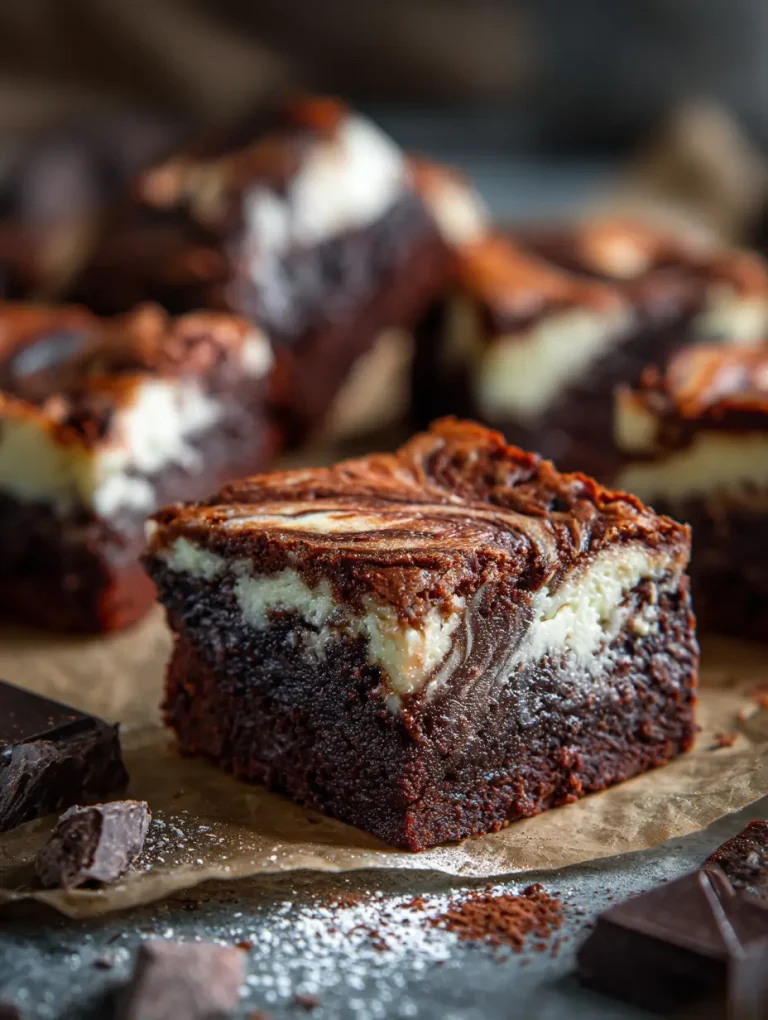 Thick, fudgy sourdough brownie with a rich cream cheese swirl on top, set on parchment paper with chocolate chunks and cocoa powder around.